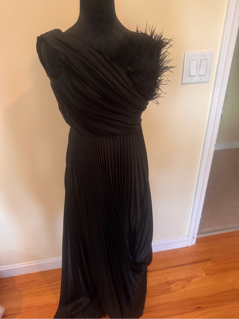 Black One-Shoulder Feather-Accent Evening Gown